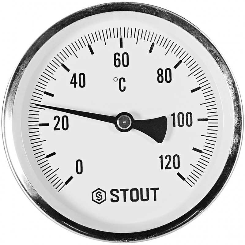 SIM-1001-101015 STOUT Термометр биметаллический осевой с погружной гильзой. Корпус Dn 100 мм, гильза 100 мм 1/2 , 0...120°С - ку